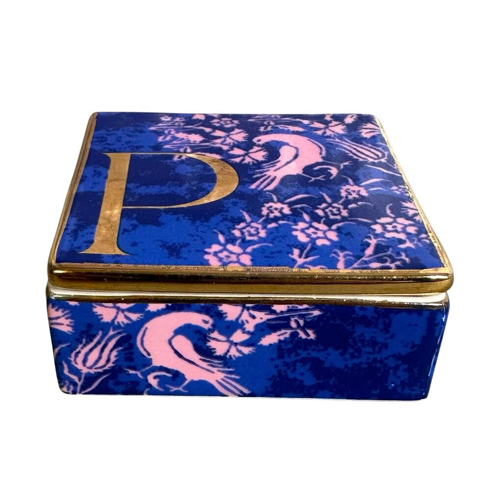 Anthropologie Porcelain Trinket Box Monogram Initial P Birds Flowers Pink Blue
